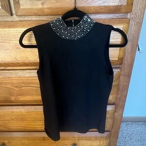 NWT Stunning Premise Black Top with Pearl Embellished Collar Sz M